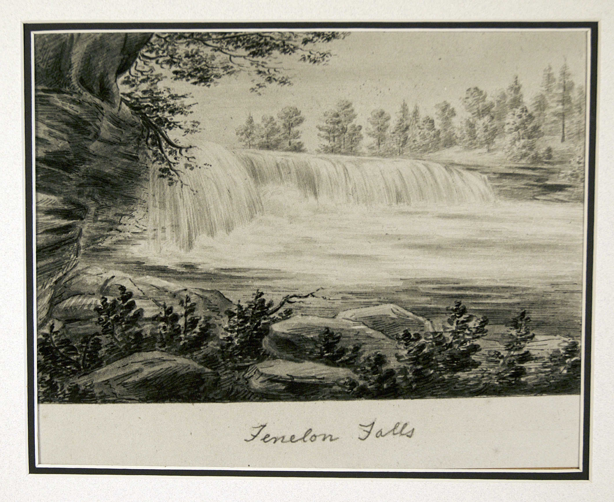Charcoal sketch of Fenelon Falls Circa 1837. The sketch is done from a rocky shore just under a ledge on the south side of the falls. The small horseshoe falls are heavy with water. In the right of the sketch where the present town of Fenelon Falls is, there is a rocky shore leading to trees.