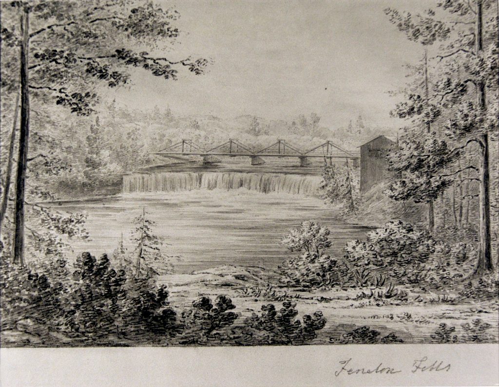 Wash and Pencil sketch measuring 7 1/2 x 9 3/4 inches. the sketch is of the bridge over Fenelon Falls and to the right is a Mill circa 1840. Anne Langton has written in the lower right hand corner Fenelon Falls