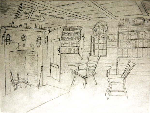 Miniature charcoal print titled two sides of one room. This is the side of John Langton's home that has the fireplace. It has two basic wooden chairs. There are two book cases on the wall opposite the fireplace with well over 100 books on it. Hanging on the wall is a hat, a saddle, scissors, pots and pans, and a framed print. The sketch represents a very basic cabin room of Upper Canada in 1830.