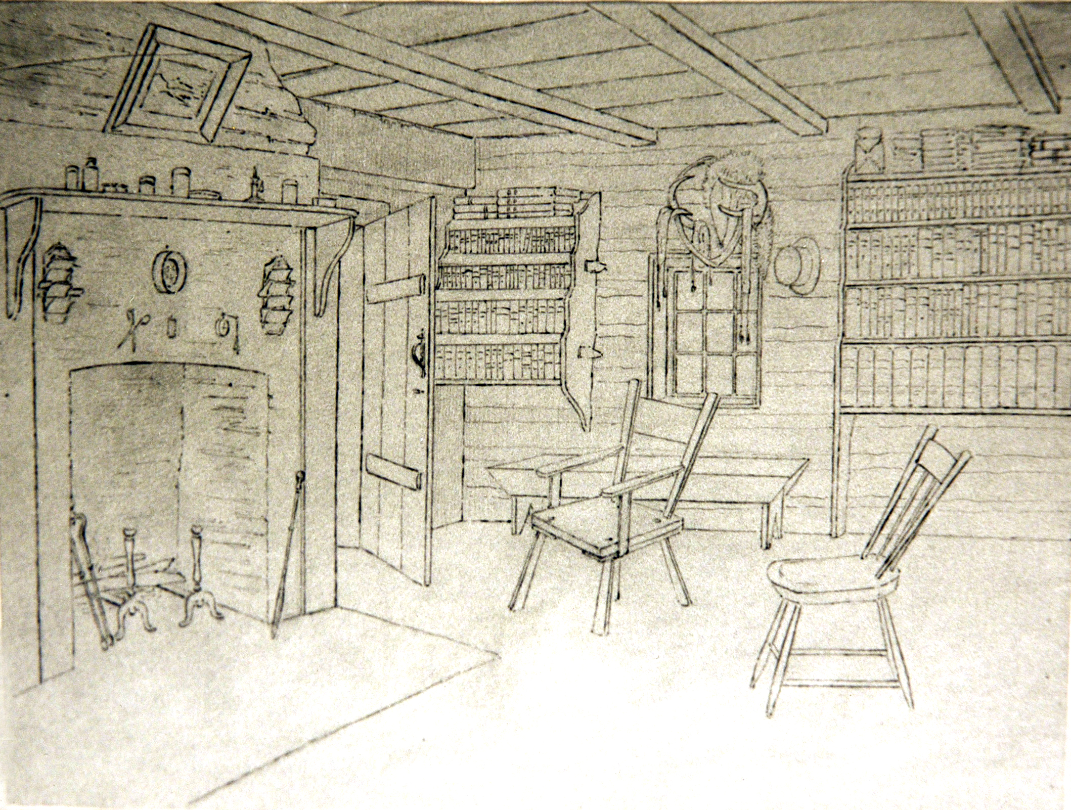 Miniature charcoal print titled two sides of one room. This is the side of John Langton's home that has the fireplace. It has two basic wooden chairs. There are two book cases on the wall opposite the fireplace with well over 100 books on it. Hanging on the wall is a hat, a saddle, scissors, pots and pans, and a framed print. The sketch represents a very basic cabin room of Upper Canada in 1830.