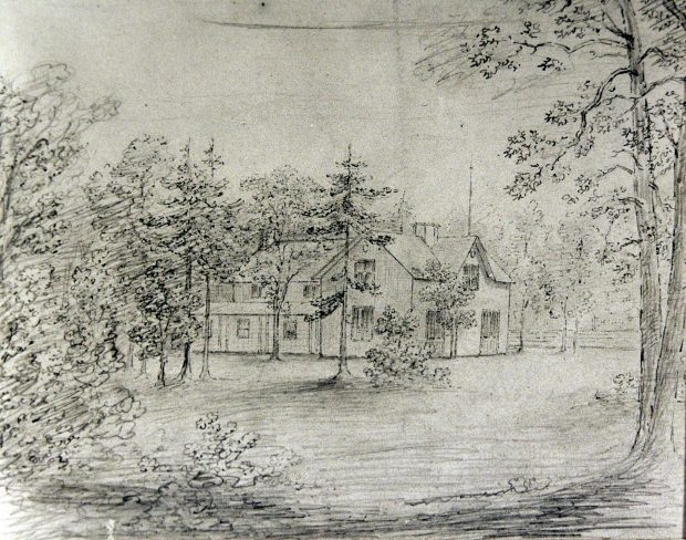 This miniature charcoal sketch by Anne Langton is of James Wallis home called Maryboro. The sketch has the home in the background and trees in the foreground.