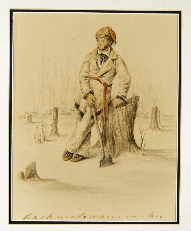 Sketch of a woodcutter, sitting on a stump with an ax dressed as a habitant