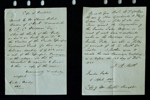Two pages of a hand written text from April 8, 1868 regarding church resolution.