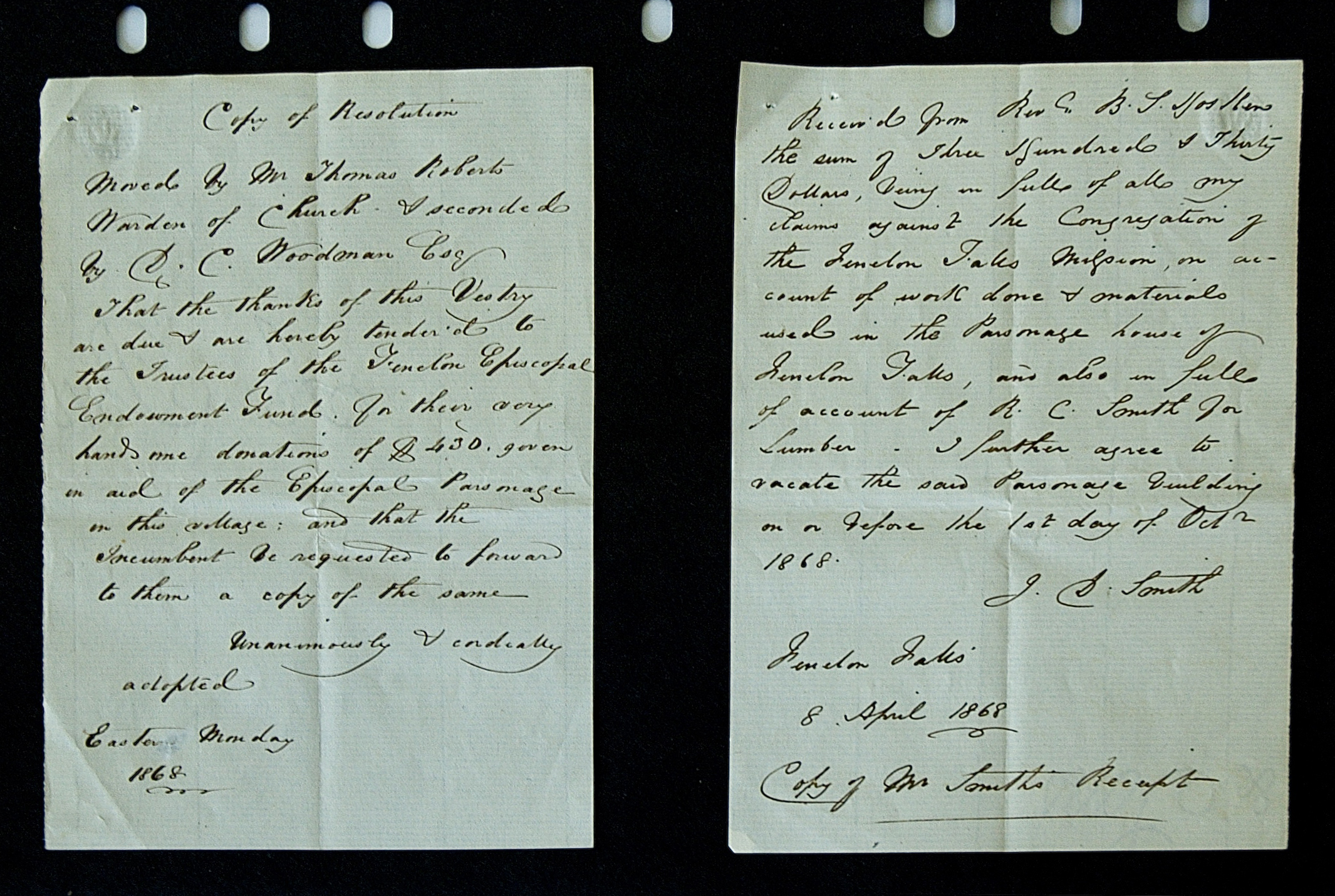 Two pages of a hand written text from April 8, 1868 regarding church resolution.