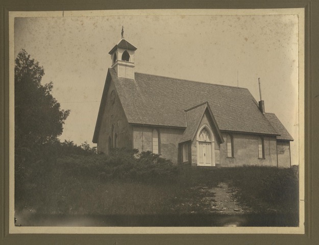 Black and White photograph of second St. James Church on the hill.