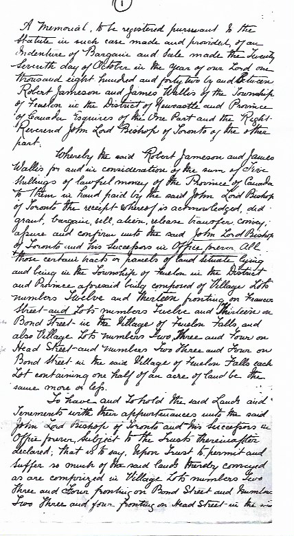 Handwritten original first page of deed of the land for St. James Anglican Church from Robert Jameison and James Wallis.