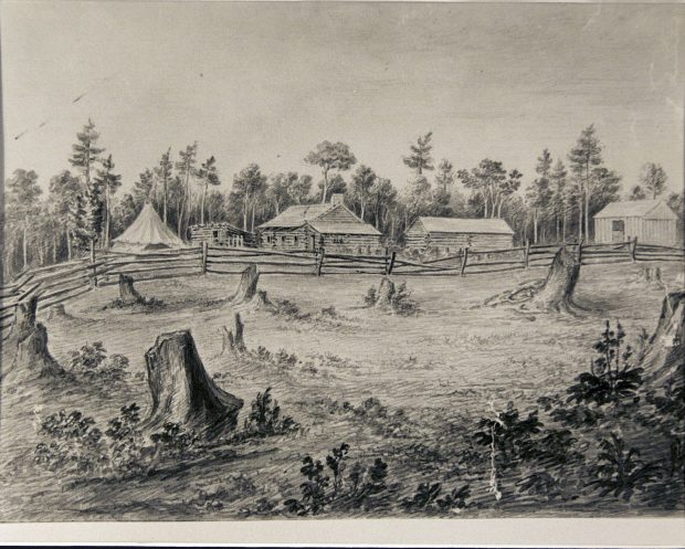 Black and White sketch showing the structures of Blythe Farm before the big house is built. There are four buildings as well as a tent.