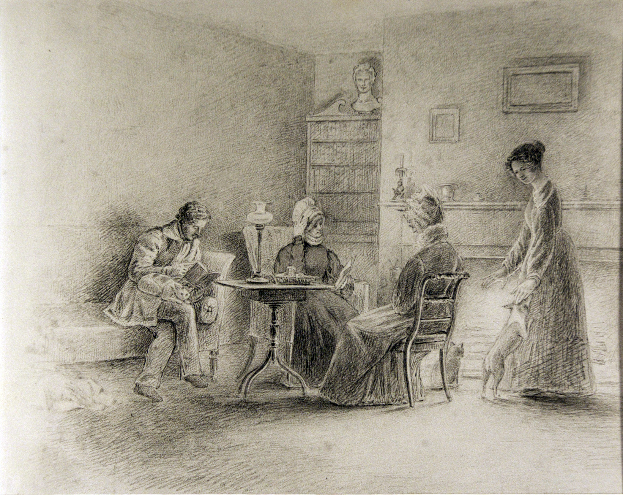 Black and white sketch of the inside of Blythe House. In the sketch you see John sitting on a chesterfield; two women at the table; and, Anne Langton in front of a fire patting a small dog.