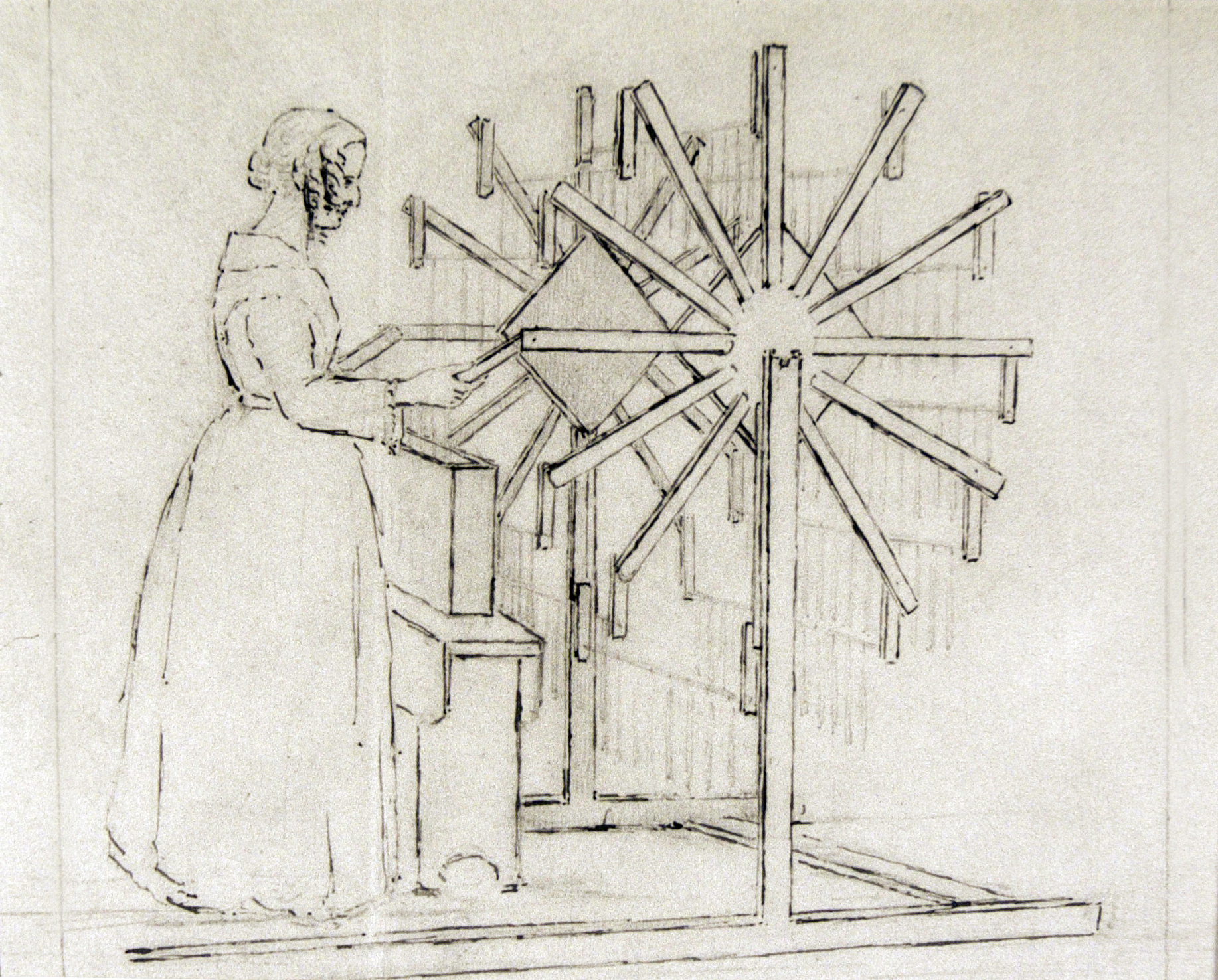 Charcoal pencil sketch from early 19th century. A woman stands at a round wooden structure. There are 12 arms on each side each holding a candle.