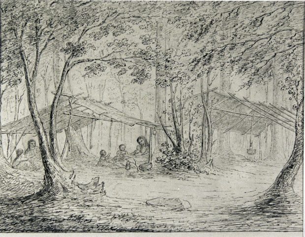 Pencil sketch of Anne Langton called The Encapement. The sketch shows a wood scene. There are two rough roof shelters built. The first shelter to the left has Indigenous people resting underneath. The second shelter to the right has a fire, and a small cooking part hanging from the roof.