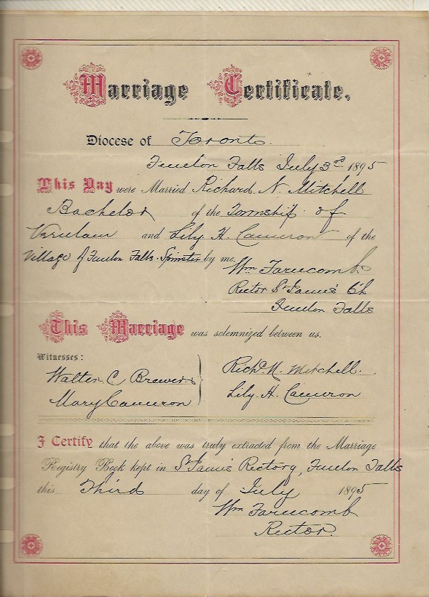 Large marriage certificate dated July 3rd 1895 for Richard A. Mitchell and Lily H. Cameron.