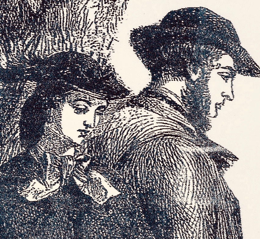 Detail of a sketch of a man and women circa 1830.