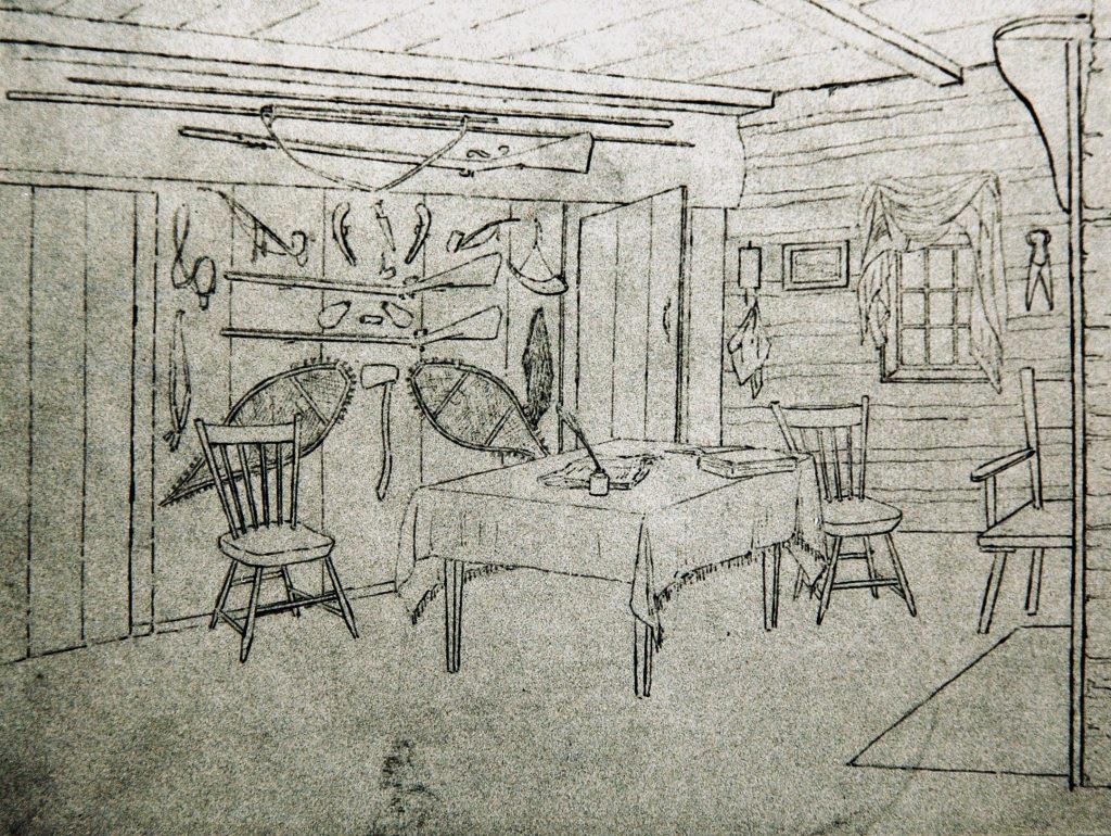 Miniature charcoal sketch of the interior of a log home showing a display of weapons, tools and a writing table