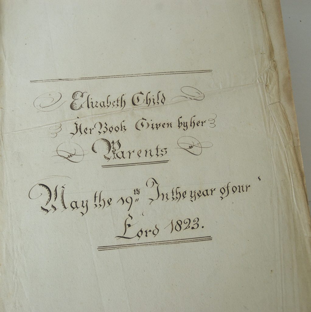 Inscription page for a bible from c. 1823 which belonged to Elizabeth Child and was given to her by her parents.