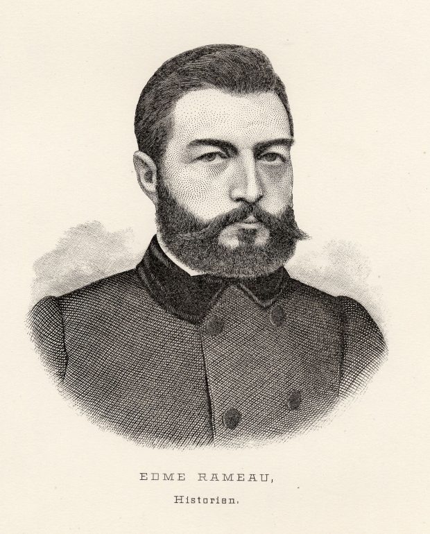 Etching printed with black ink on yellowed paper. It shows the head and shoulders of a stern-looking man of about forty. He has short dark hair and sports a medium-length, neatly groomed beard and moustache. He is wearing a dark, double-breasted jacket with a tight collar.