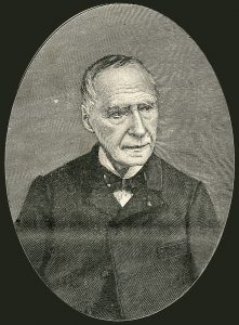 Black ink engraving depicting an elderly man, head turned slightly to the right. He wears a pale-coloured shirt with a bowtie and a jacket buttoned only once, at the top. He has a receding hairline, dark hair streaked with grey, and a number of deep lines in his face.