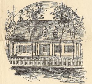 Engraving published in a newspaper, showing the façade of a rectangular one-and-a-half storey house with a steeply pitched roof having three dormers. A porch extends the full width of the house, with the roof overhanging it. A wooden fence runs along the dirt road in the foreground.