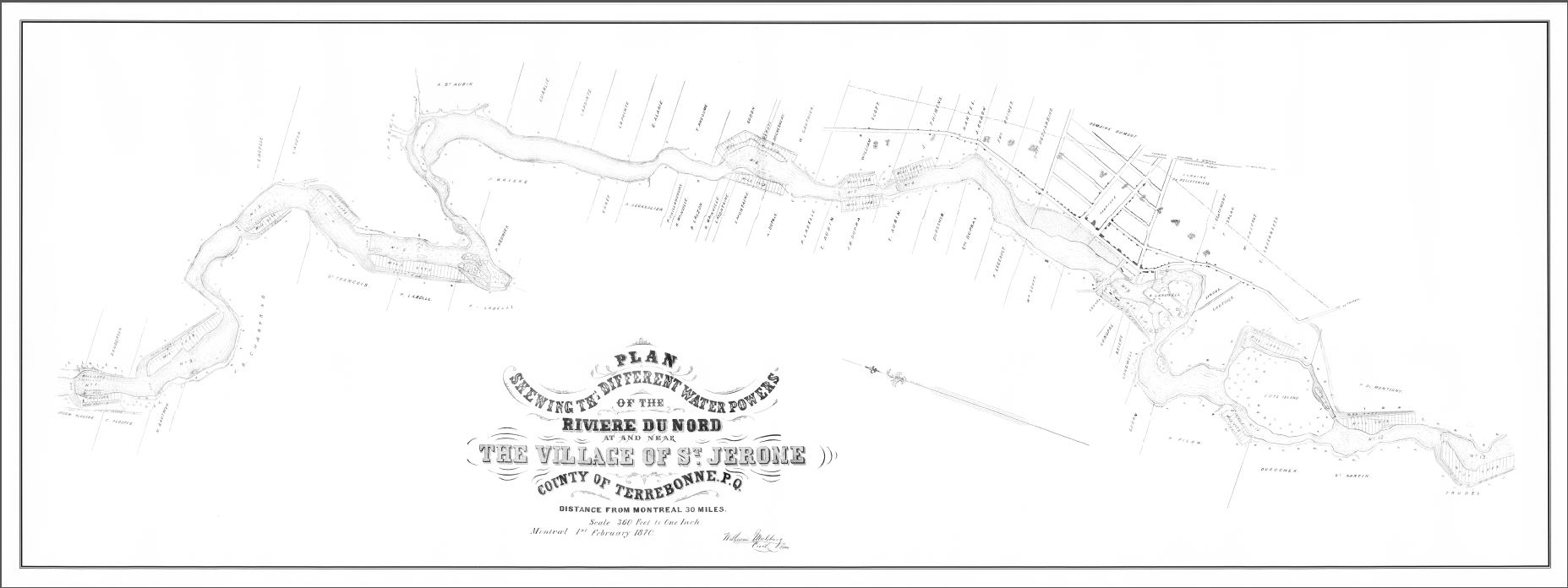 Hand-drawn plan of a stretch of a river. The plan shows the location of lots, streets and buildings. The river rapids are indicated as waterpower sites. The legend below the map reads: “Plan shewing [sic] the different water powers of the Rivière du Nord, at and near the village of St. Jerome.”