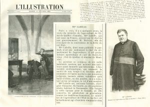 Photomontage of three clippings from French newspapers published in 1890. At left, a printed engraving shows a seated man reading a newspaper. In the centre is article titled “Mgr Labelle.” At right is a page from a newspaper with text at top and an engraving from a photograph of Curé Labelle at bottom.