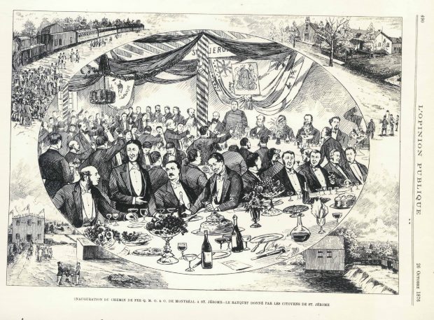 Illustration of a banquet. The drawing is rectangular in shape. An oval at the centre of the rectangle shows men in evening dress sitting down to a banquet in a decorated room. At the far end of the room, Curé Labelle stands at the head table. Outside the oval are scenes of the village: a train at the station, a flour mill, the church and presbytery, and the river.