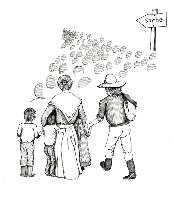 Illustration of a group of people headed toward an exit. A father, mother and three children, seen from the rear, are the only ones drawn in detail. Ahead of them, small shaded circles represent a crowd of people walking toward a distant point. To the right of the crowd is a sign that reads sortie (“exit”).