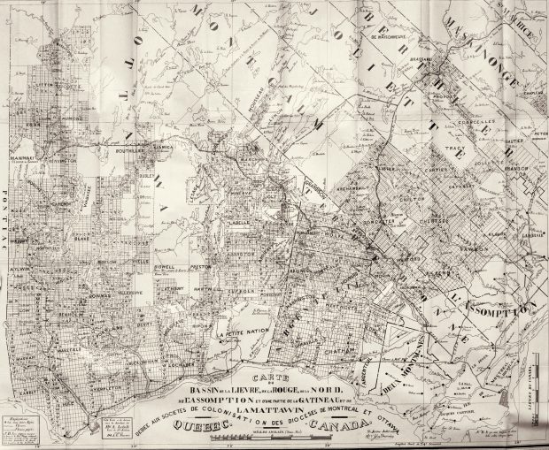 Map showing lands north of Montreal and the principal rivers running through them. The lot divisions are indicated by rectangles on either side of the roads.