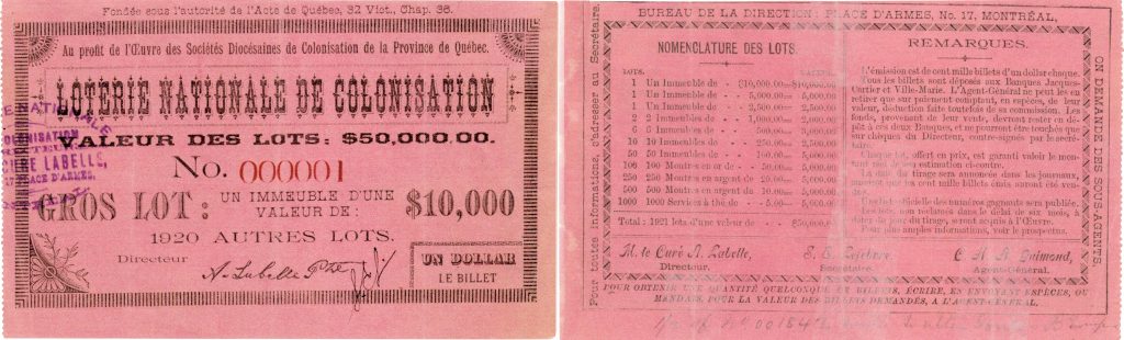 Images du recto et du verso d’un billet de loterie imprimé sur un carton rectangulaire rose vif. Sur le recto : le nom de la loterie, l’organisme bénéficiaire, le numéro et le coût du billet, le prix principal à remporter et la signature du directeur de la loterie. Au verso : la nomenclature des lots à gagner, des remarques sur la loterie et les noms de trois dirigeants. 