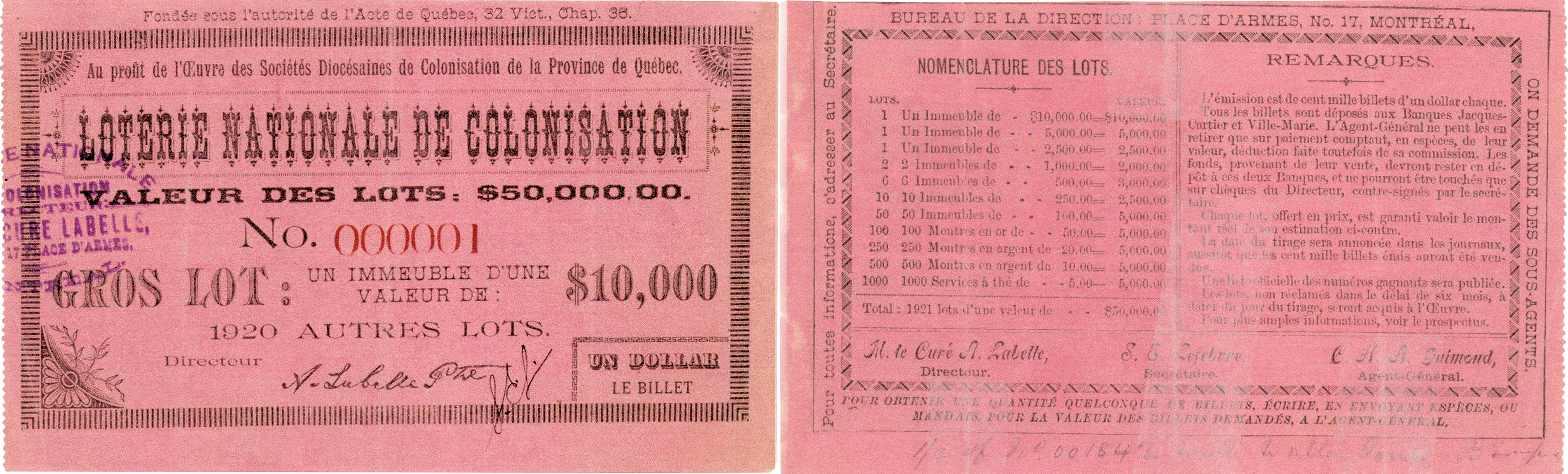Images of the obverse and reverse of a lottery ticket printed on bright pink rectangular card stock. The obverse bears the name of the lottery, the beneficiary organization, the number and cost of the ticket, a description of the grand prize, and the signature of the lottery director. The reverse bears the full list and number of prizes to be won, remarks about the lottery, and the names of three administrators.