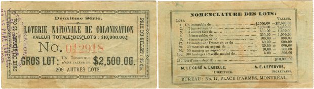 Images of the obverse and reverse of a lottery ticket printed on yellowish rectangular card stock. The obverse bears the name of the lottery, the number and cost of the ticket, and a description of the top prize. The reverse bears the list of prizes to be won and the names of two administrators.