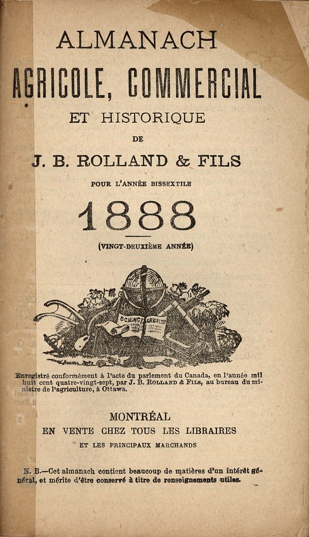 Image of the cover page of the Almanach agricole, commercial et historique for 1888, published by J.B. Rolland & fils. The page contains text printed in black ink with, at the centre, an engraving of a globe surrounded by a number of farm implements.