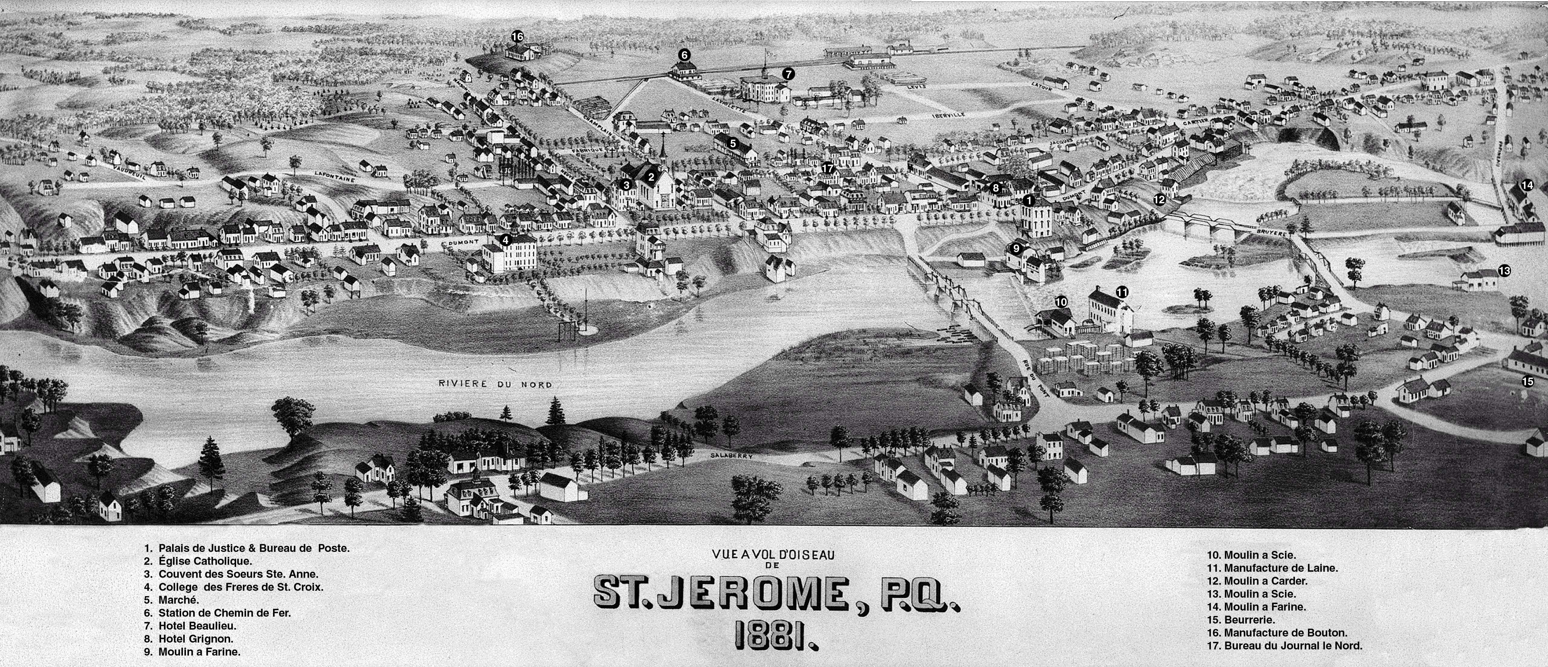 Image of an oblique map depicting a small town seen from the air in 1881. The black & white map is hand-drawn. A number of streets are seen on either side of a river, along with a church, several houses, industrial buildings, and three bridges. A legend beneath the map lists 17 points of interest.