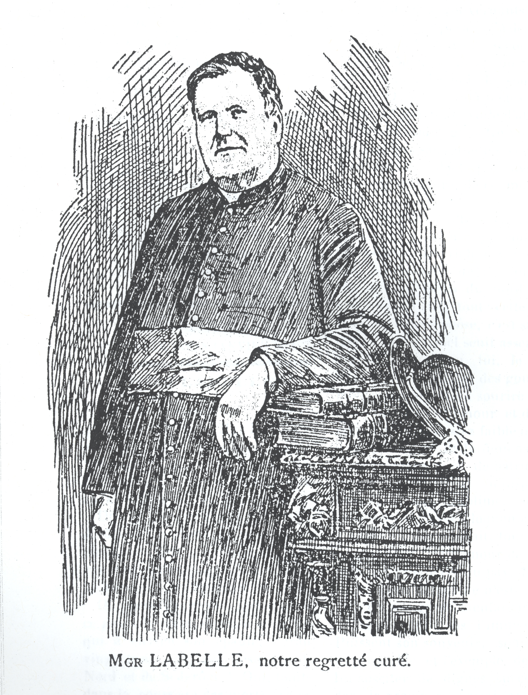 Engraving in black ink depicting a priest in his fifties, with short, curly hair. He wears a buttoned cassock, and a wide sash, symbolizing position in the Catholic hierarchy. He is standing, with his arm resting on two books that sit on a table to his left.