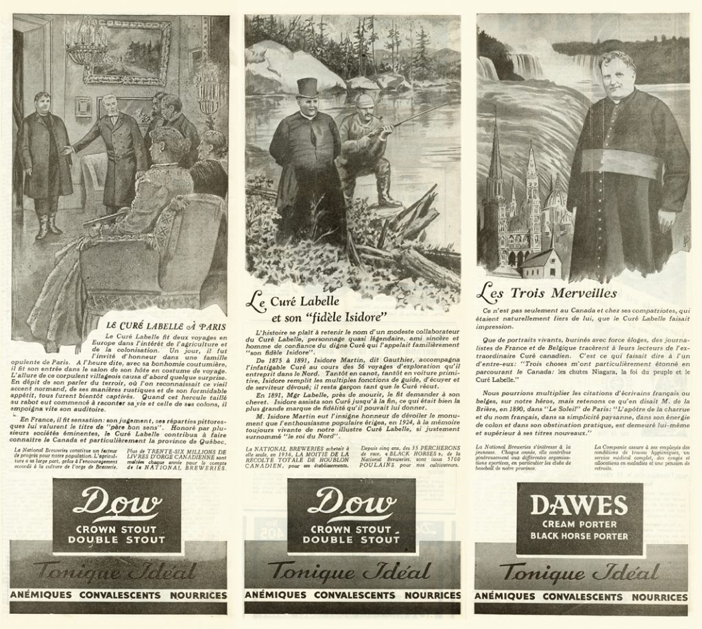 Reproductions of three black & white advertisements for a brewery. The first illustration is of a man in travelling clothes being welcomed by a group of well-dressed men and women in a living room. The second shows a man wearing a cassock and his travelling companion, shotgun in hand, standing beside a canoe by a river. In the third, a many in a cassock is seen with, in the background, a waterfall on a river and churches in various architectural styles. At the bottom of each advertisement are several paragraphs of advertising copy and the name of a brand of beer.