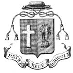 An engraving depicting the coat of arms chosen by Curé Labelle. It features an escutcheon (shield) with a pointed base, with a cross on one side and a sheaf of wheat on the other. Above is a hat, with a braided cord descending on either side of the shield. The curé’s motto is inscribed in a banderole beneath the escutcheon.