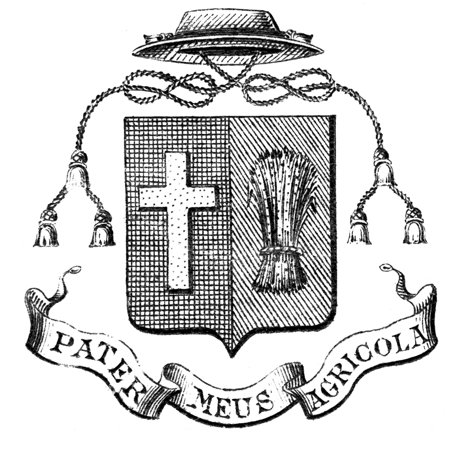 An engraving depicting the coat of arms chosen by Curé Labelle. It features an escutcheon (shield) with a pointed base, with a cross on one side and a sheaf of wheat on the other. Above is a hat, with a braided cord descending on either side of the shield. The curé’s motto is inscribed in a banderole beneath the escutcheon.
