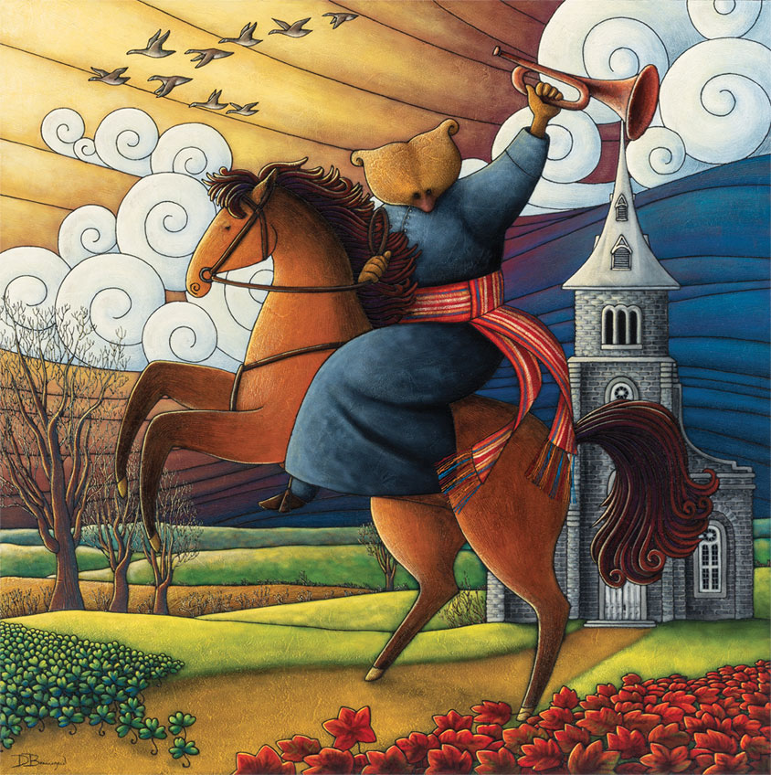 Allegorical painting depicting Curé Labelle as a bear in a cassock sitting astride a horse, holding a bugle aloft. He has an arrowhead sash around his waist. A church can be seen in the background.