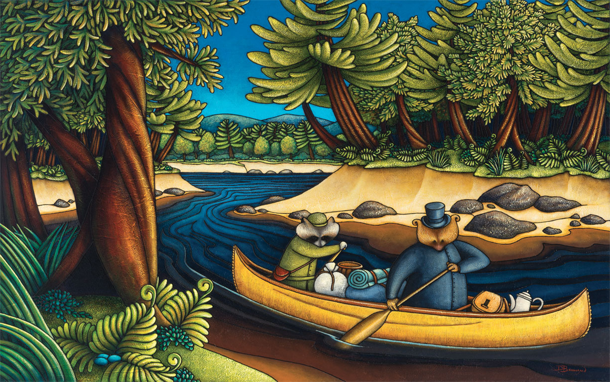 Allegorical painting representing Curé Labelle as a bear in a cassock paddling a heavily laden canoe with a raccoon. Dense forest comes down to the sandy banks of the river.