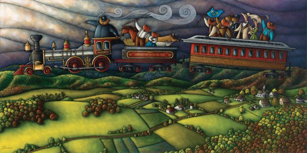 Allegorical painting depicting Curé Labelle as a bear in a cassock aboard a train flying across the sky. The passengers in the two cars look down on farmland and a village. They are represented as various Canadian woodland creatures: bear, fox, raccoon, deer, woodcock.