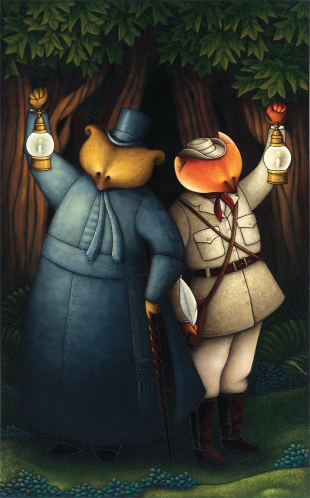 Allegorical painting depicting Curé Labelle as a bear in a cassock standing beside a fox dressed in travelling clothes. Each of them is holding up a lantern against a dark forest backdrop.