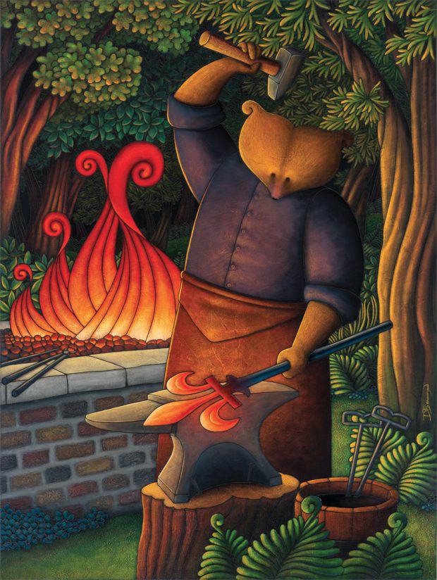 Allegorical painting depicting Curé Labelle as a bear in a cassock forging a fleur-de-lis out of red-hot iron. In one hand he holds a hammer and in the other, the metal bar he’s working. A fire burns behind him.