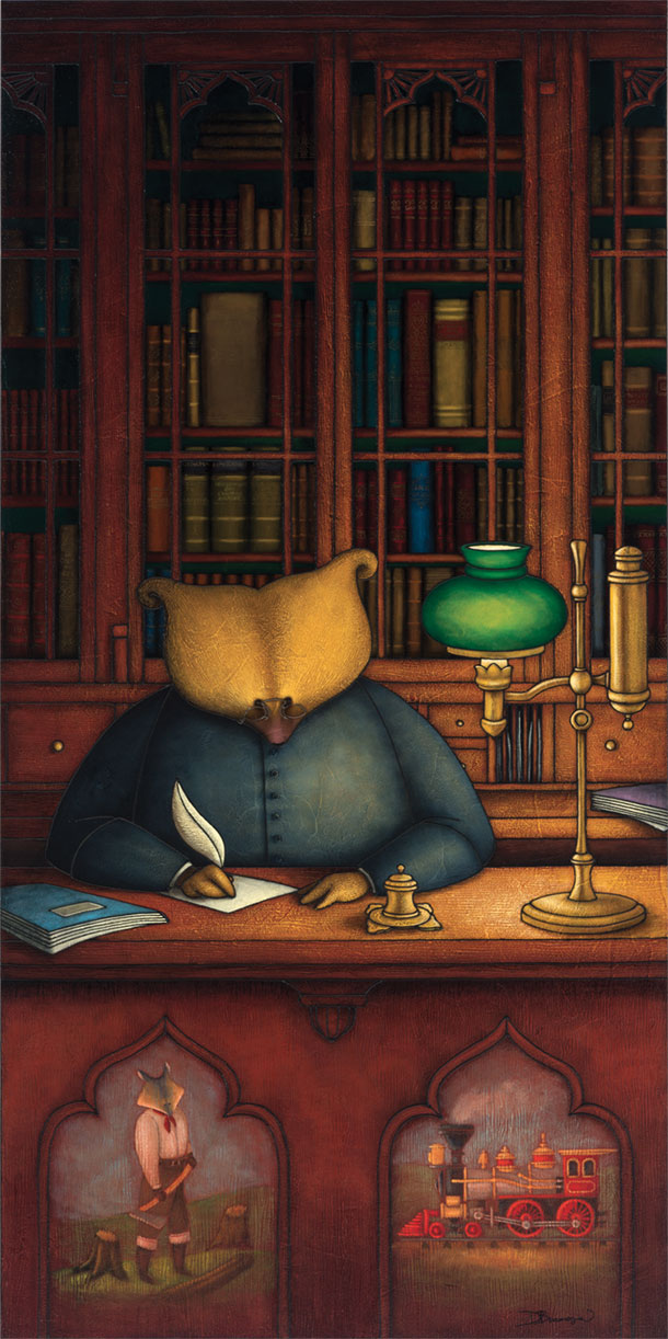 Allegorical painting depicting Curé Labelle as a bear in a cassock seated at a desk. Shelves full of books can be seen behind him. A pioneer, represented as a wolf, and a train are illustrated on the front of the desk.