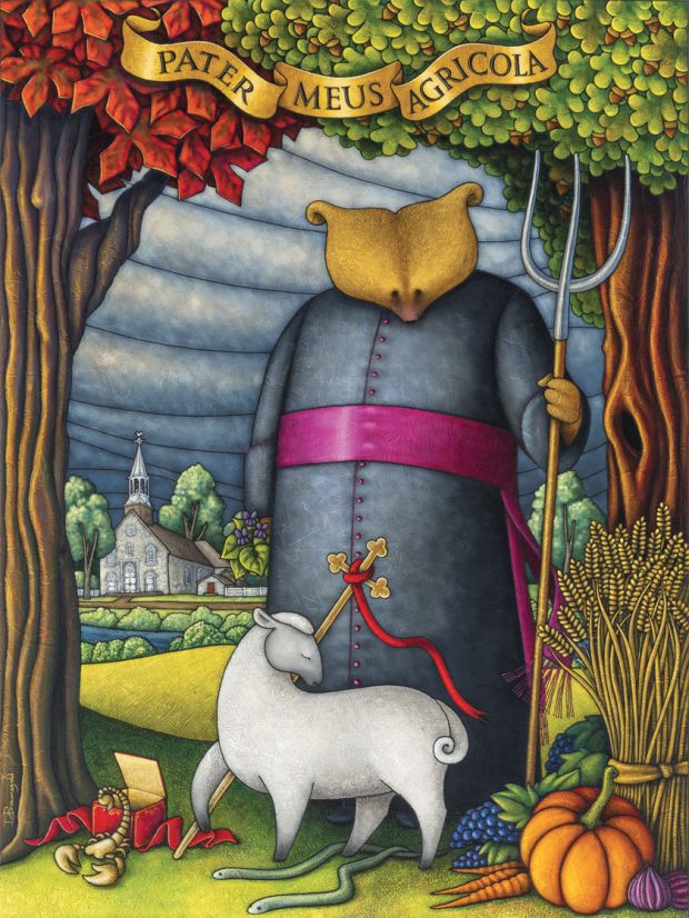 Allegorical painting depicting Curé Labelle as a bear in a cassock. Behind the standing figure can be seen a river and a stone church. The bear holds a pitchfork. In front of the bear are a sheep, a cross, a scorpion coming out of a box, two small snakes, some vegetables, and a sheaf of wheat.