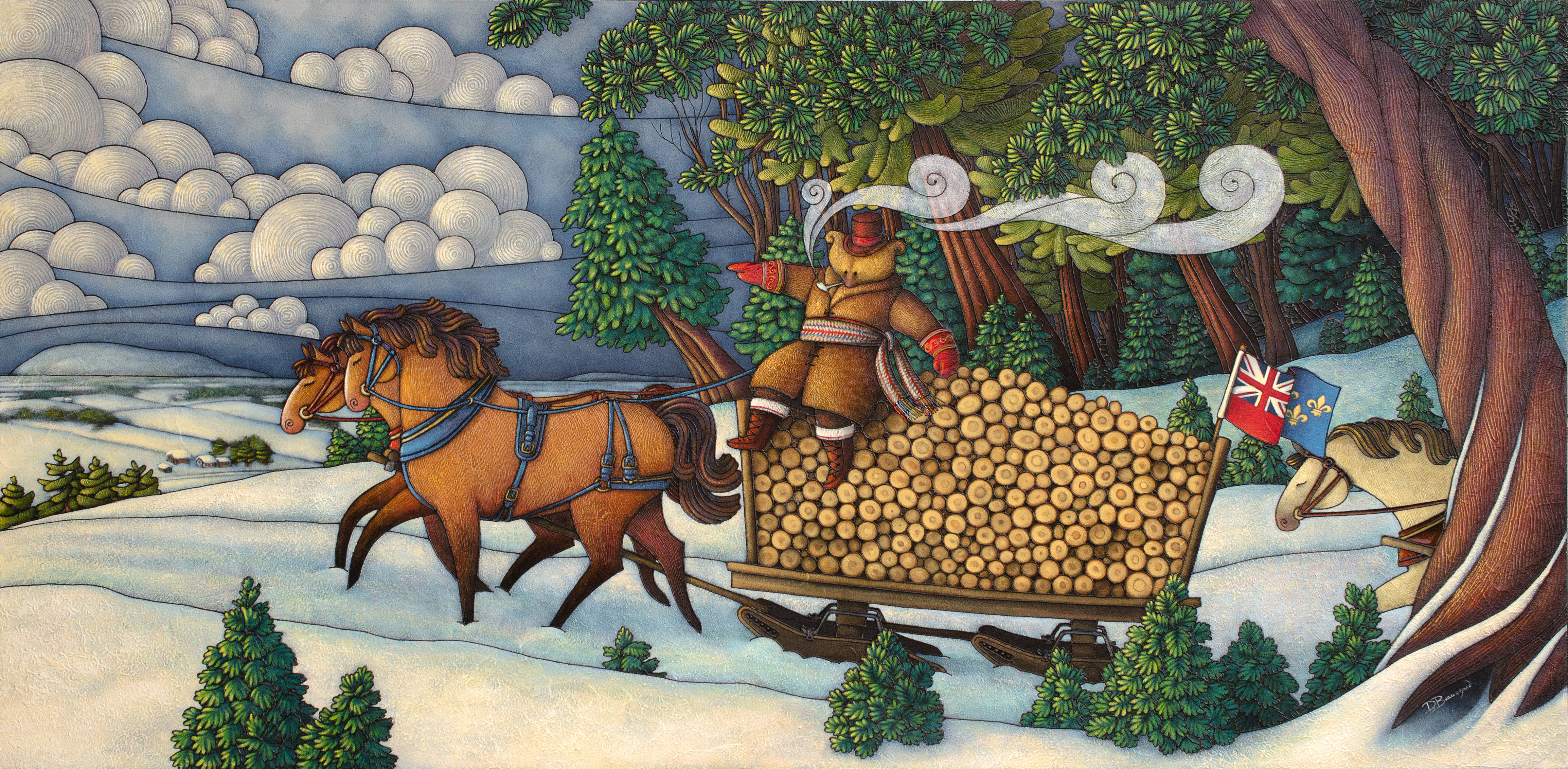 Allegorical painting depicting Curé Labelle as a bear in a cassock seated on a sleigh laden with logs and drawn by two horses. The scene is set in winter.