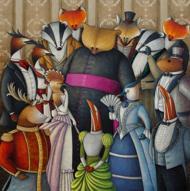 Allegorical painting depicting Curé Labelle as a bear in a cassock. He is surrounded by a colourfully dressed cast of characters: fox, weasel, deer, woodcock, magpie, etc.