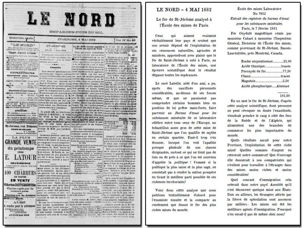 Reproduction d’un article de journal où l’on peut y lire : LE NORD – 4 mai 1882, Le fer de St-Jérôme analysé à l’École des Mines de Paris.