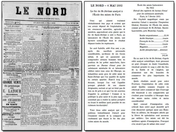 Reproduction of an article in the newspaper Le Nord of May 4, 1882, with the headline “Saint-Jérôme iron ore analyzed at the École des Mines de Paris.”