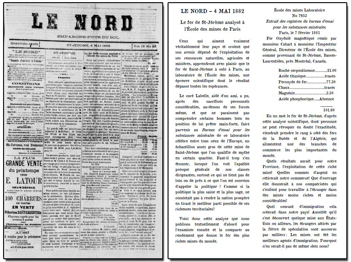 Reproduction of an article in the newspaper Le Nord of May 4, 1882, with the headline “Saint-Jérôme iron ore analyzed at the École des Mines de Paris.”