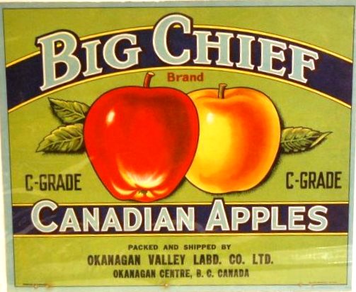 Colour photo of a Big Chief Brand apple box label. The background is light green with navy sections, and the lettering is light blue and black. A red and a yellow apple are in the centre of the label.