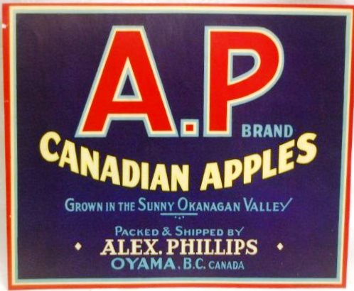 Colour photo of an apple box label, A.P. Brand. The label background is dark blue; the borders and lettering are red, white, yellow, and light blue.