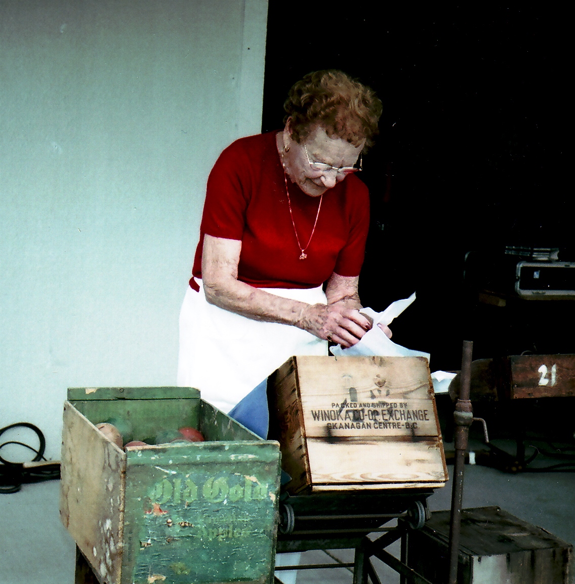 Colour photo of a senior woman standing on a patio, wrapping a wooden apple and putting it into one of two apple boxes in front of her. She has curly red hair and wears a red sweater.